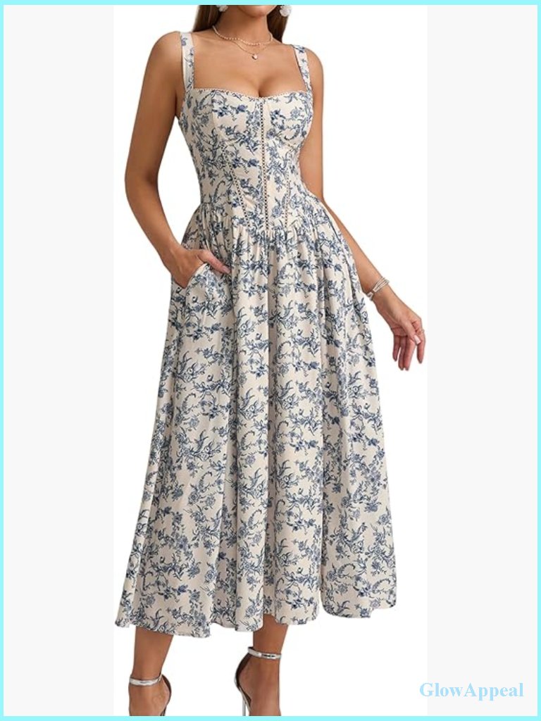 Floral Corset Midi Dress With Pockets, Square Neck, Smocked Waist